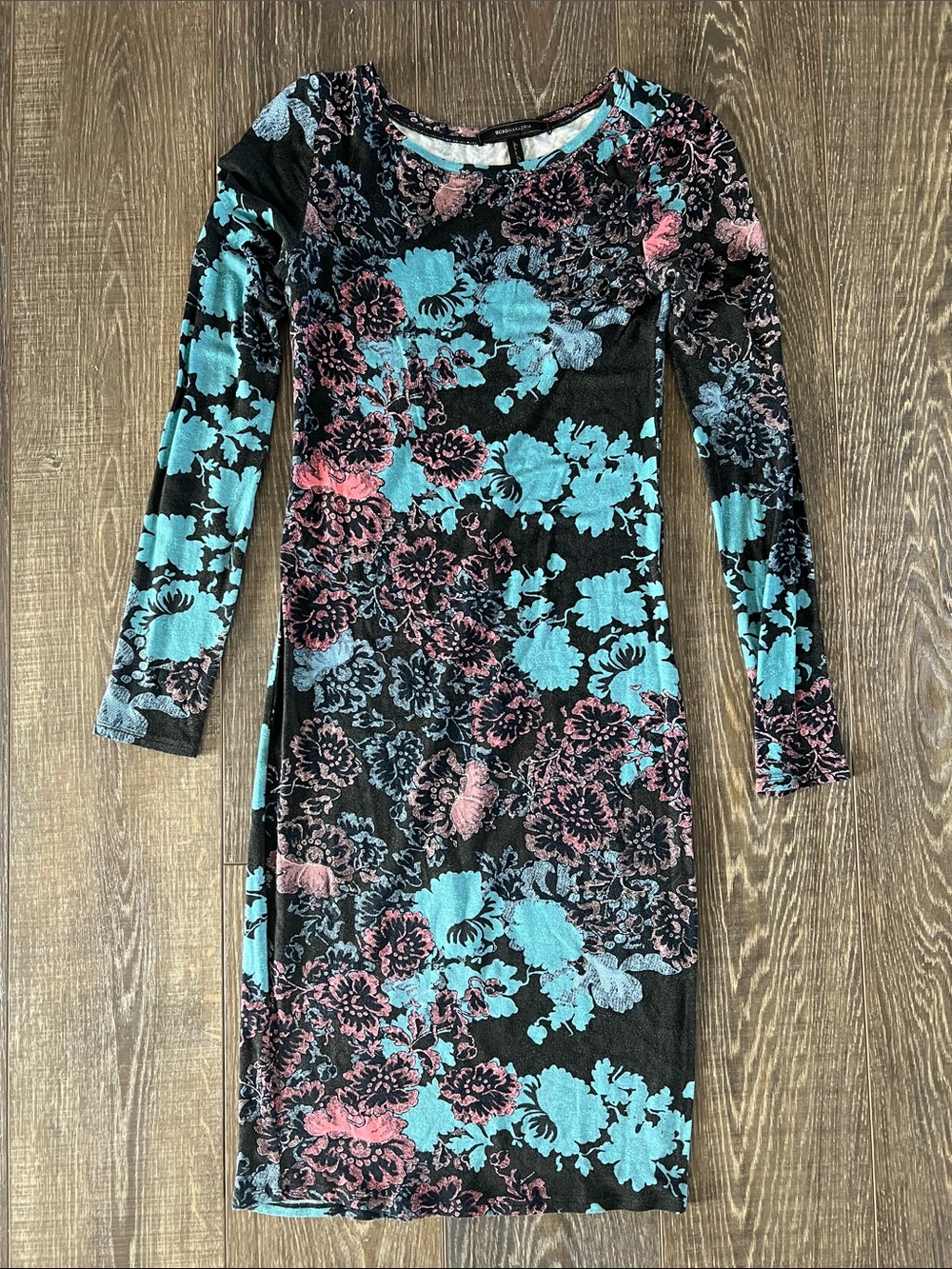 BCBGMaxAzria Black Velvet Floral Long-Sleeve Bodycon Dress in Teal & Pink
